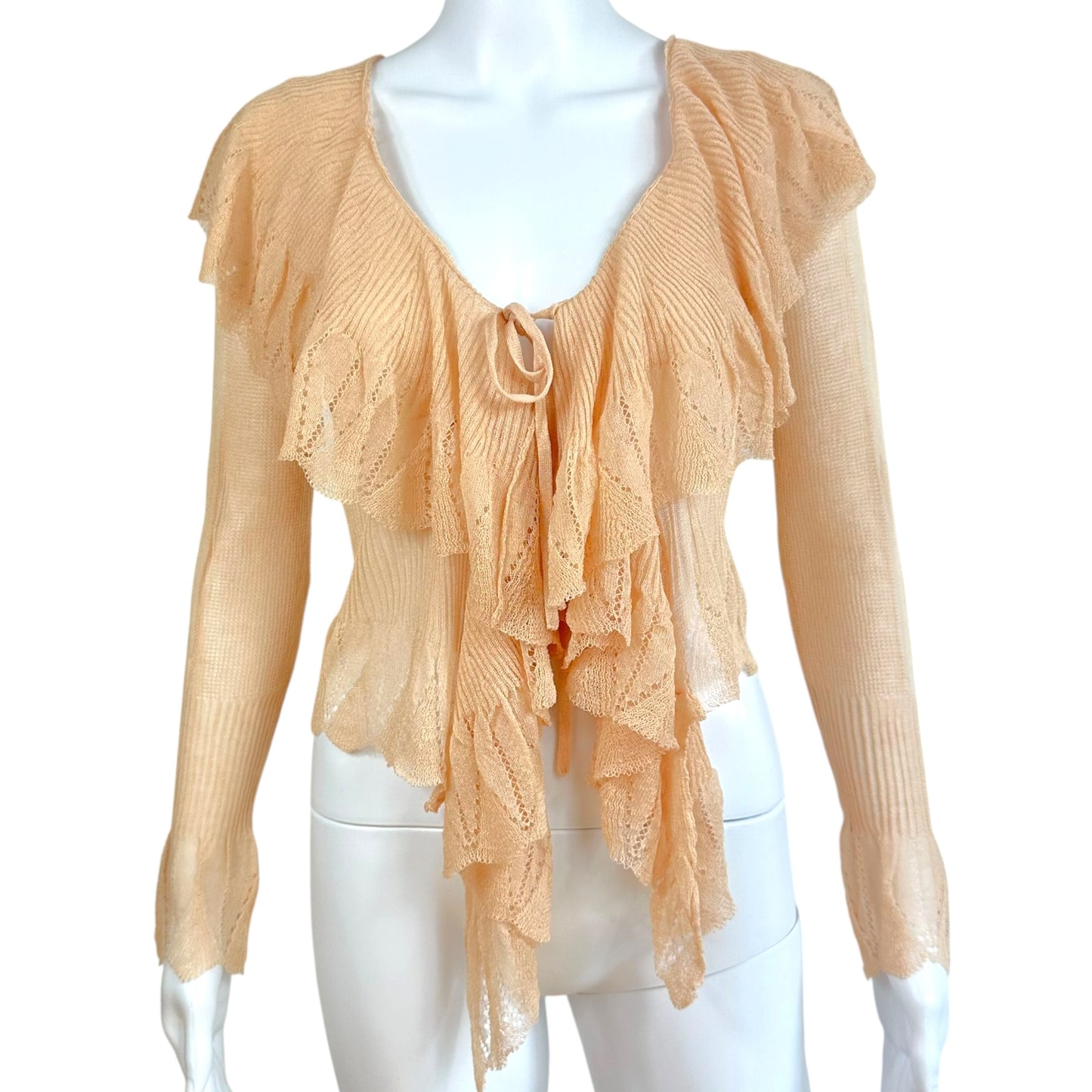 Christian Dior Light Pink Sheer Knit Ruffle Front Cardigan