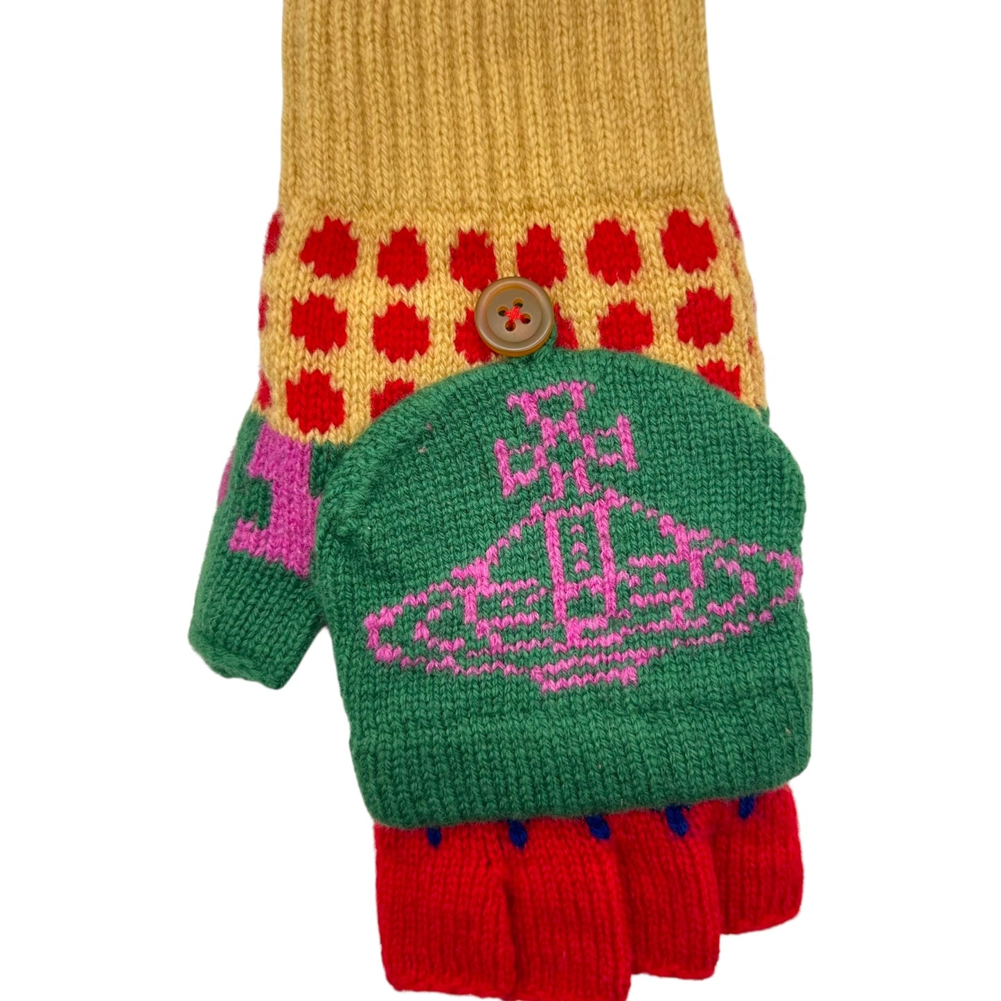 Vivienne Westwood Yellow Red & Green Wool Logo Knit Mittens NEW