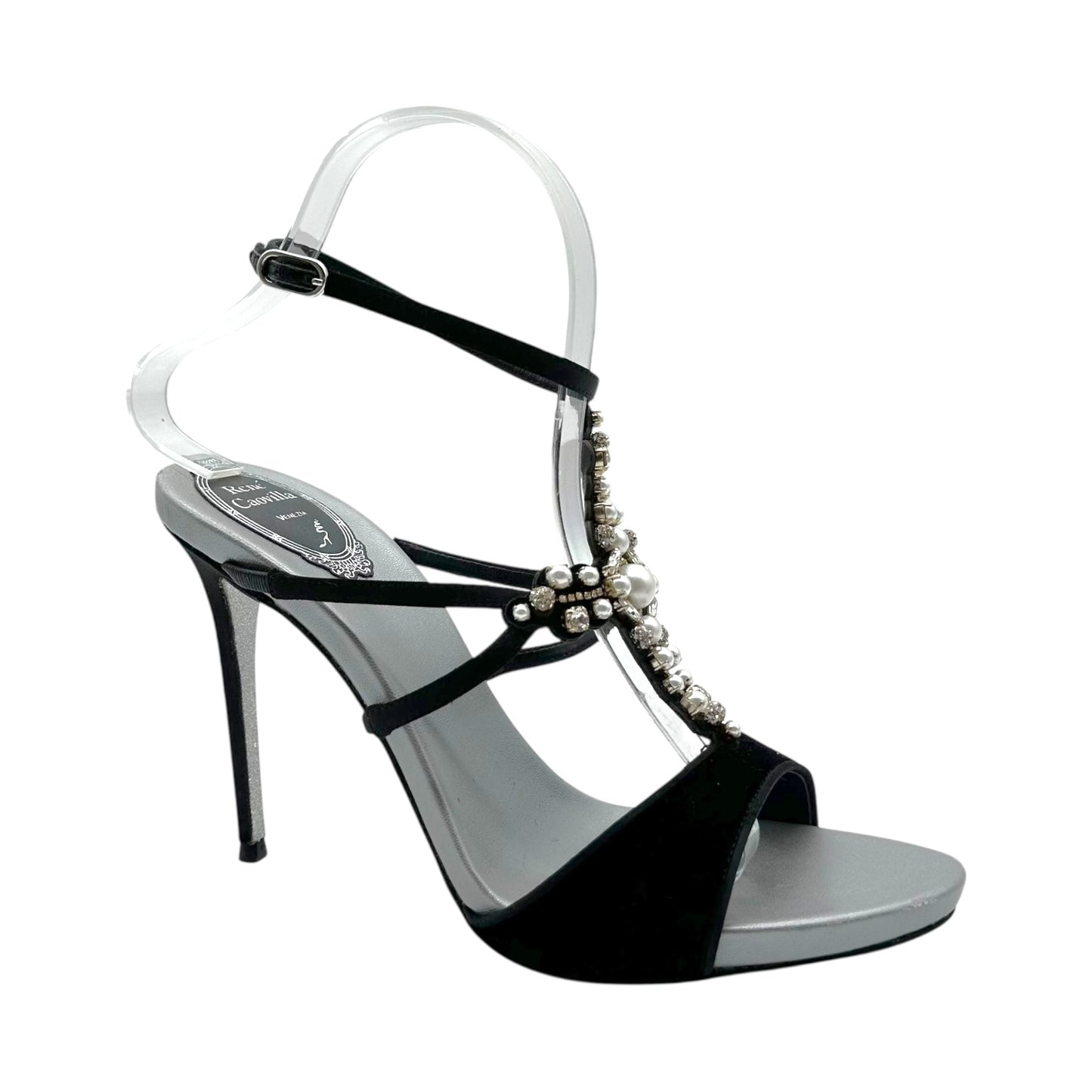 Rene Caovilla Black Velvet Embelished Cross Heeled Sandals