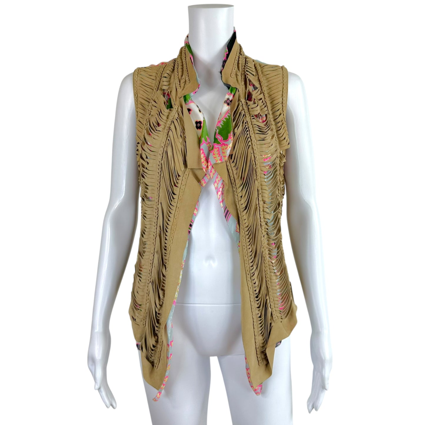 Roberto Cavalli Tan Suede Fringe Printed Silk Vest