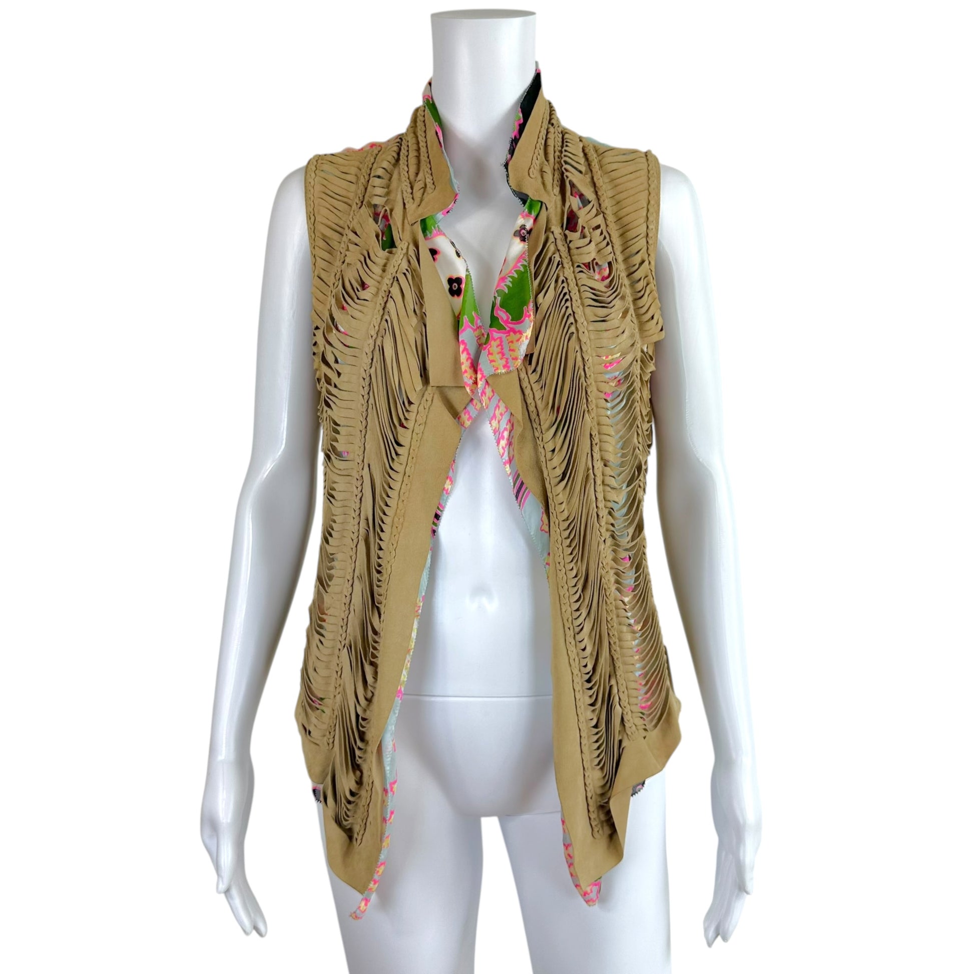Roberto Cavalli Tan Suede Fringe Printed Silk Vest