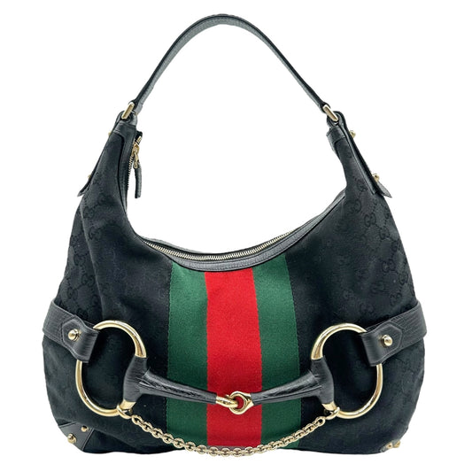 Gucci Black Monogram Horsebit Hobo Bag