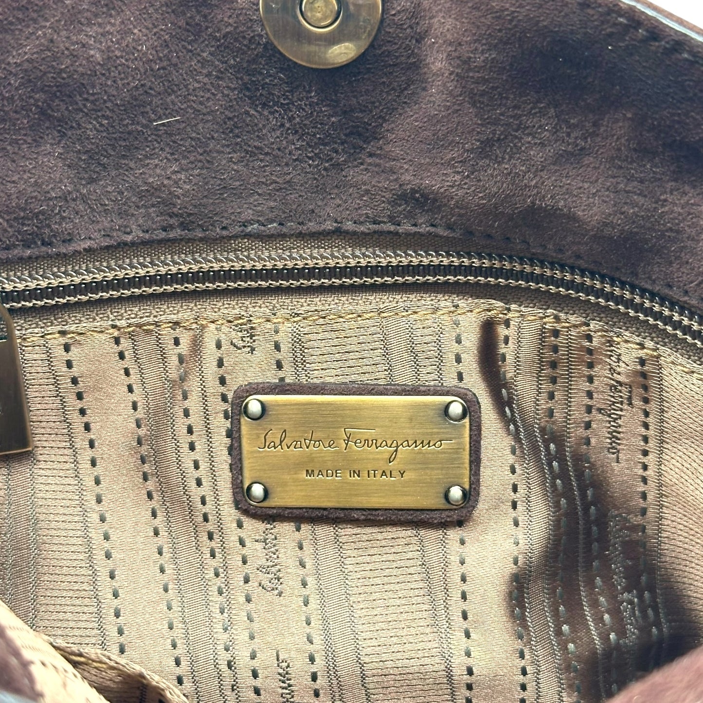 Salvatore Ferragamo Brown Suede & Rabbit Fur Trim Handbag