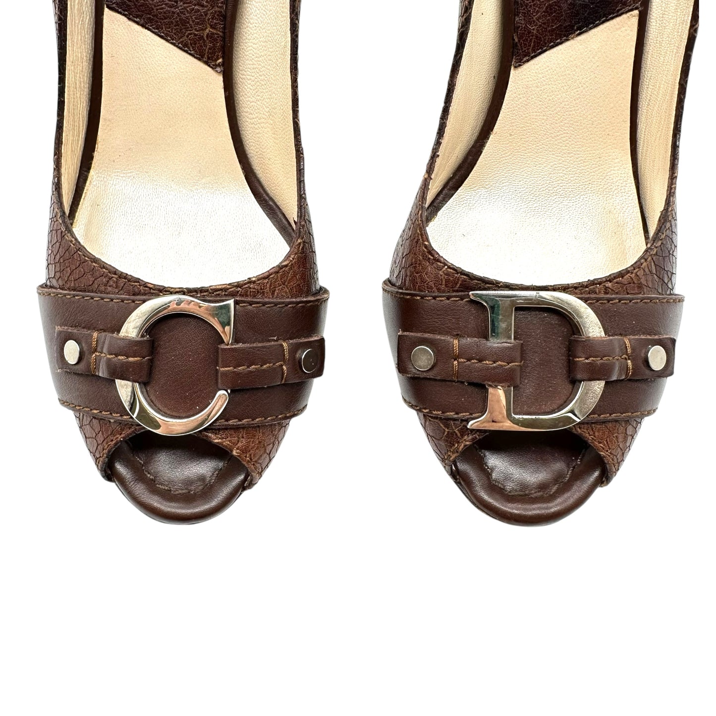 Christian Dior Brown Cracked Leather Peep-Toe Heels