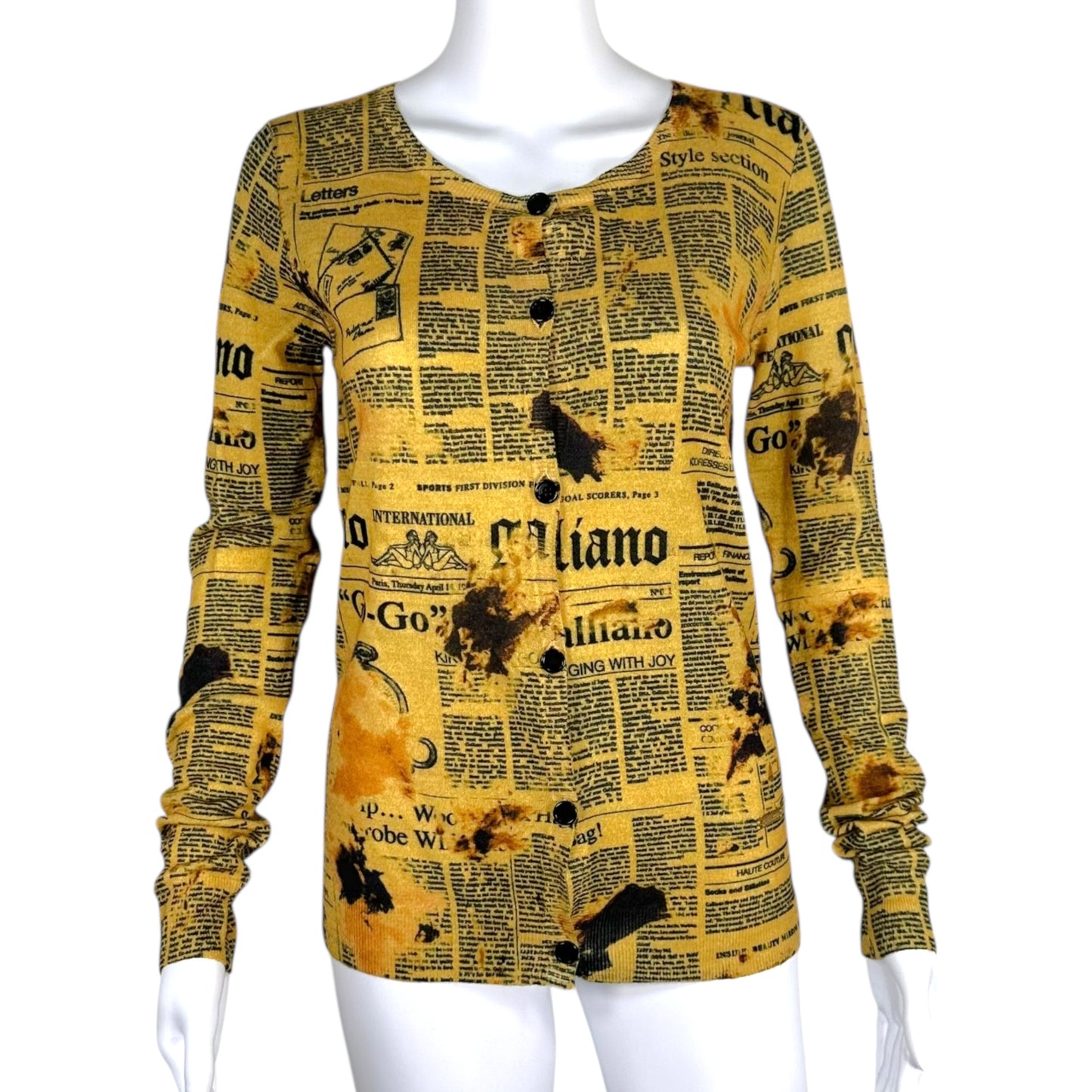 Galliano Yellow & Black Gazette Printed Cashmere Cardigan NEW