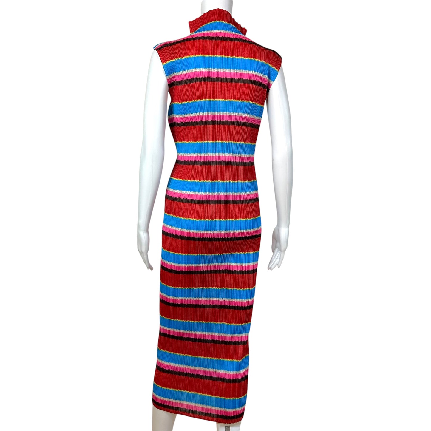 Issey Miyake Pleats Please Striped Sleeveless Mock Neck Maxi Dress