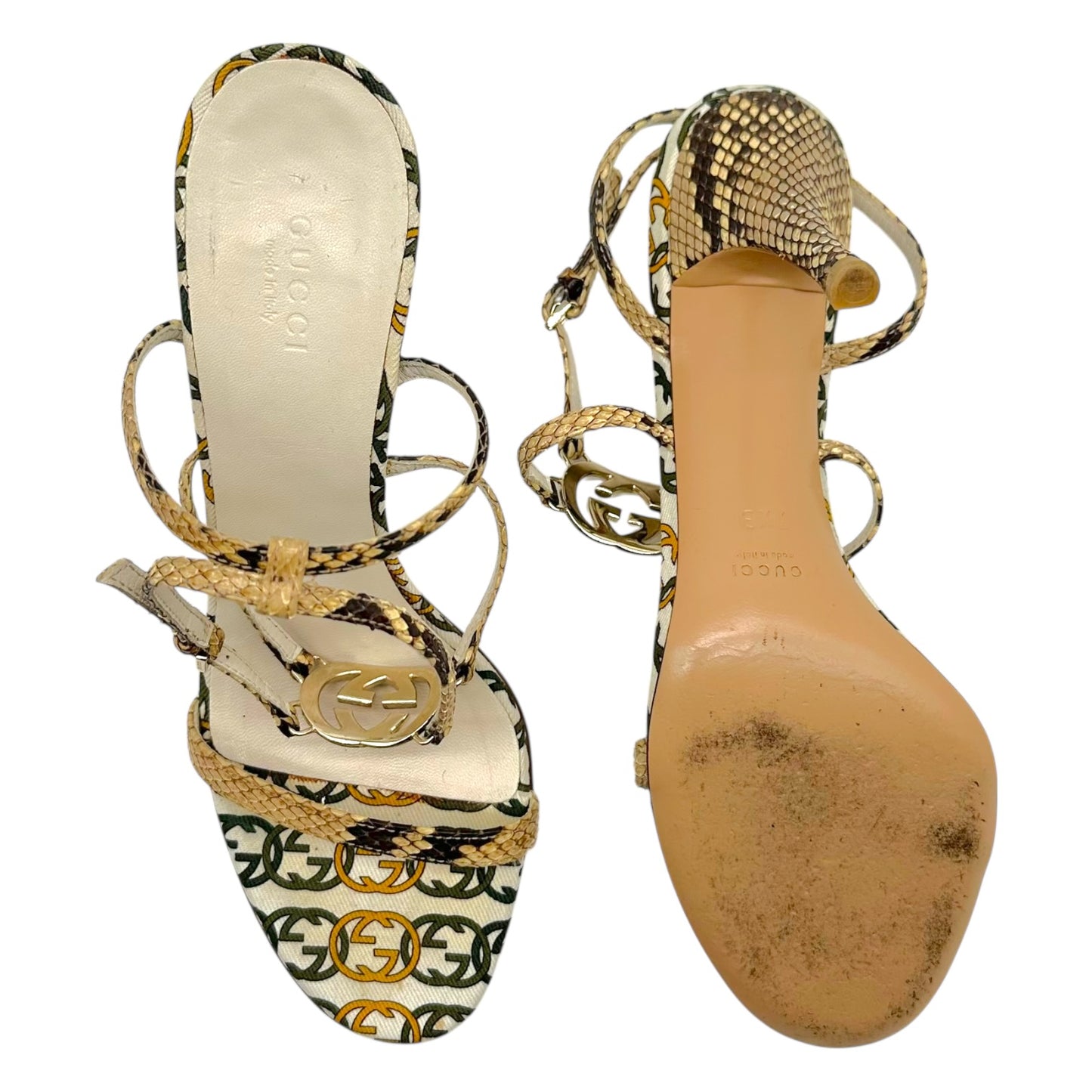 Gucci Python & Green Monogram Logo Charm Heels