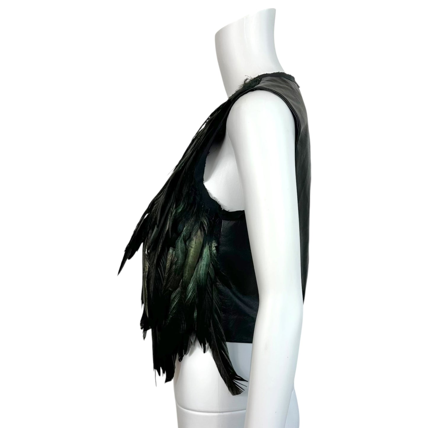 Nicole Miller Atelier Black Leather & Iridescent Green Feather Embellished Cropped Top