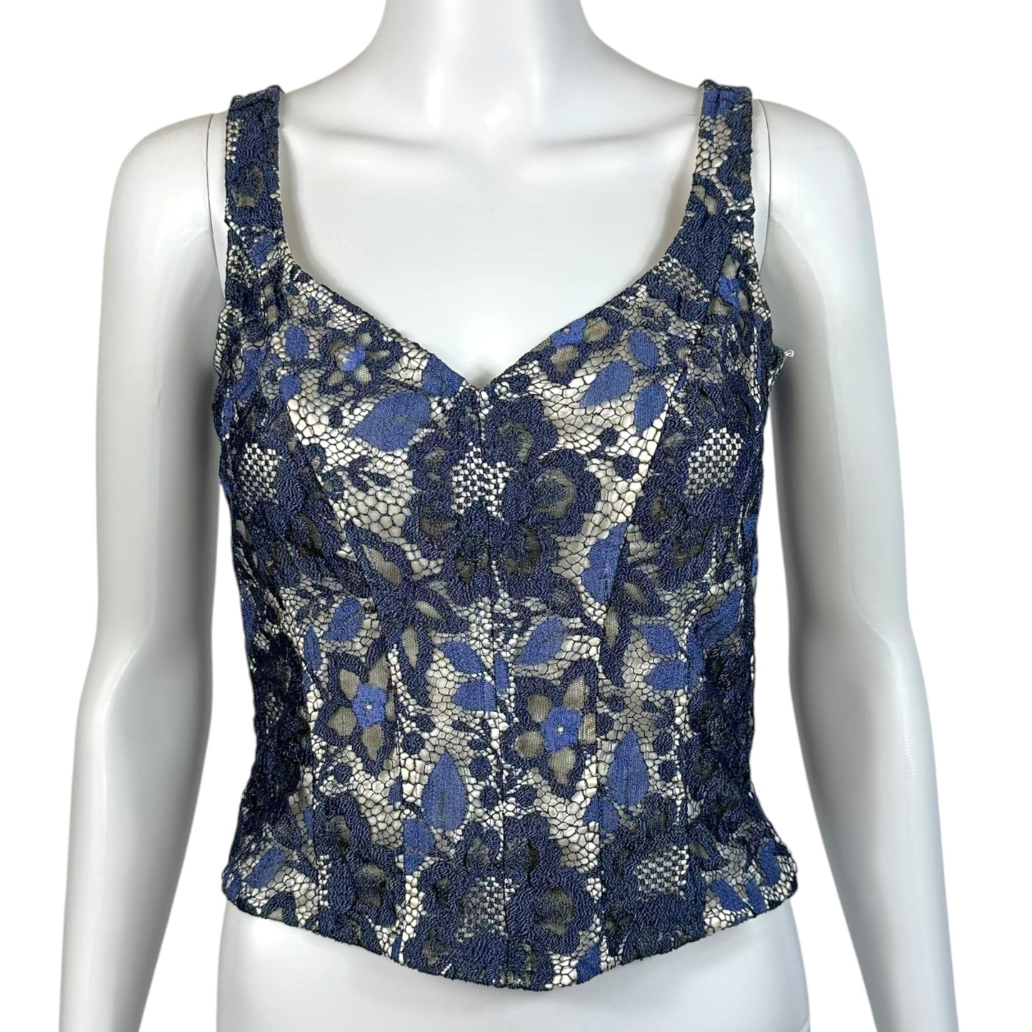 Escada Ivory Silk & Navy Blue Lace Bustier Top