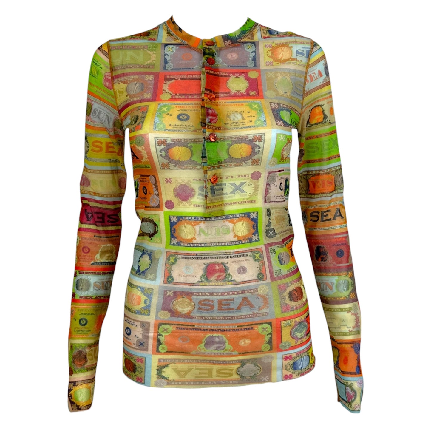 Jean Paul Gaultier Soleil Multicolor Money Print Longsleeve Mesh Top