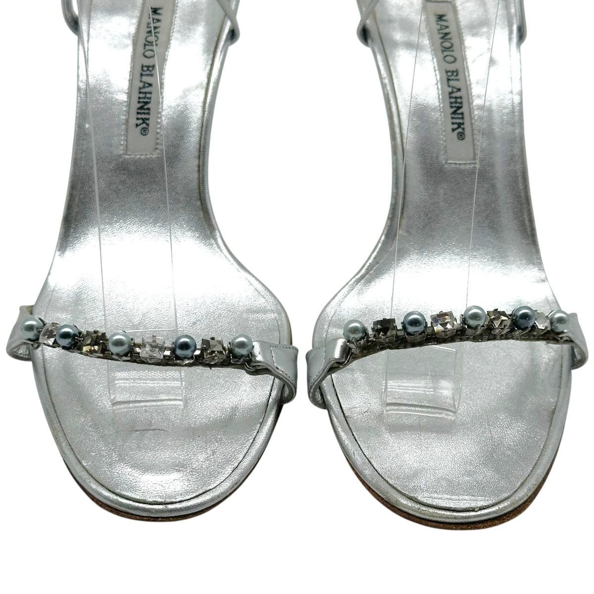 Manolo Blahnik Silver Crystal Pearl Strappy Wrap Heels