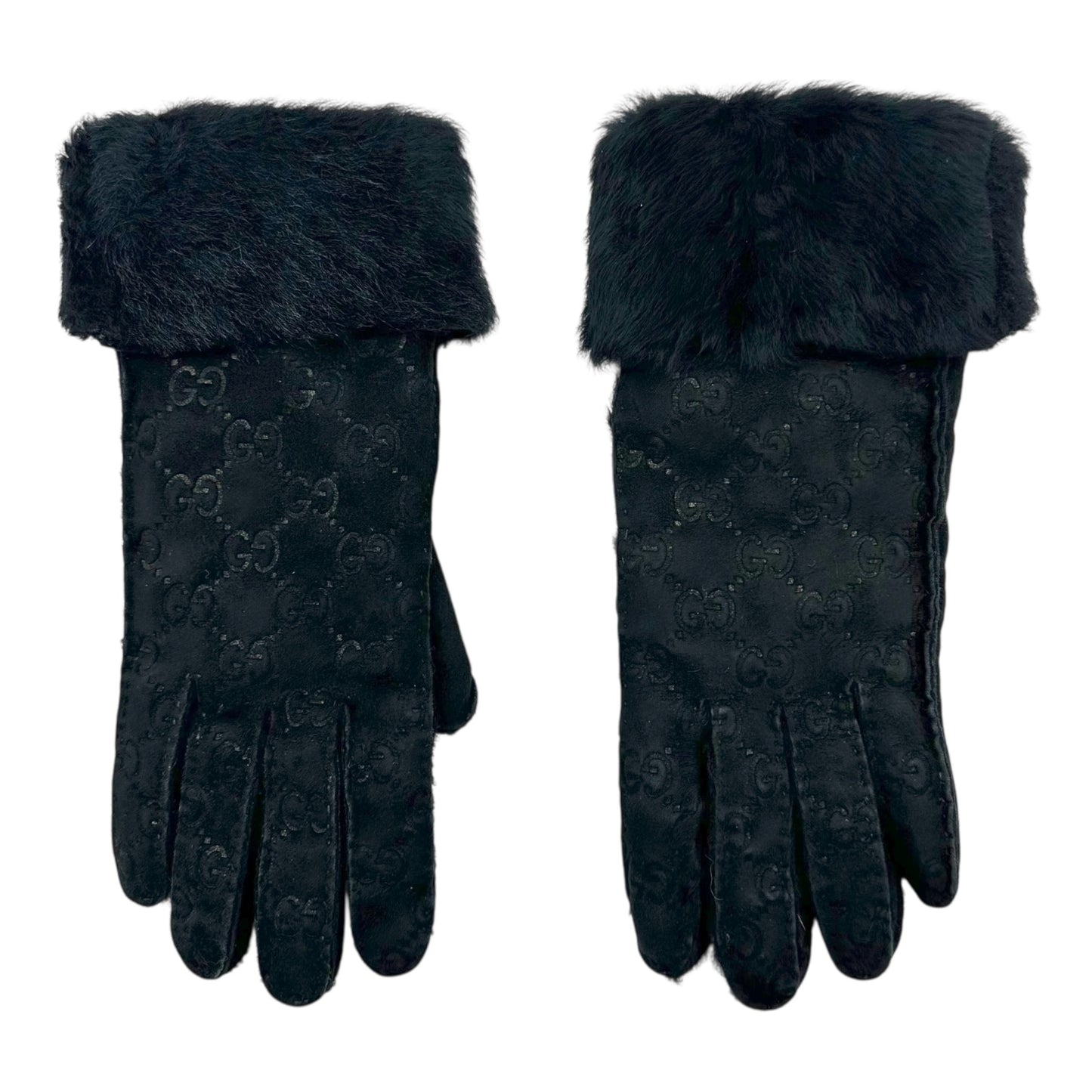 Gucci Black Logo Embossed Shearling Gloves