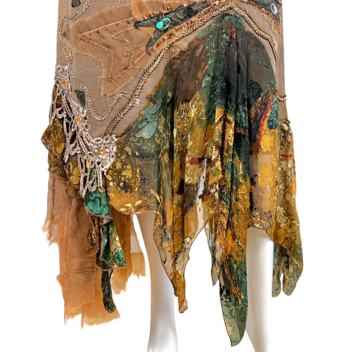 Vintage Brown Silk Denim Sequin Midi Skirt
