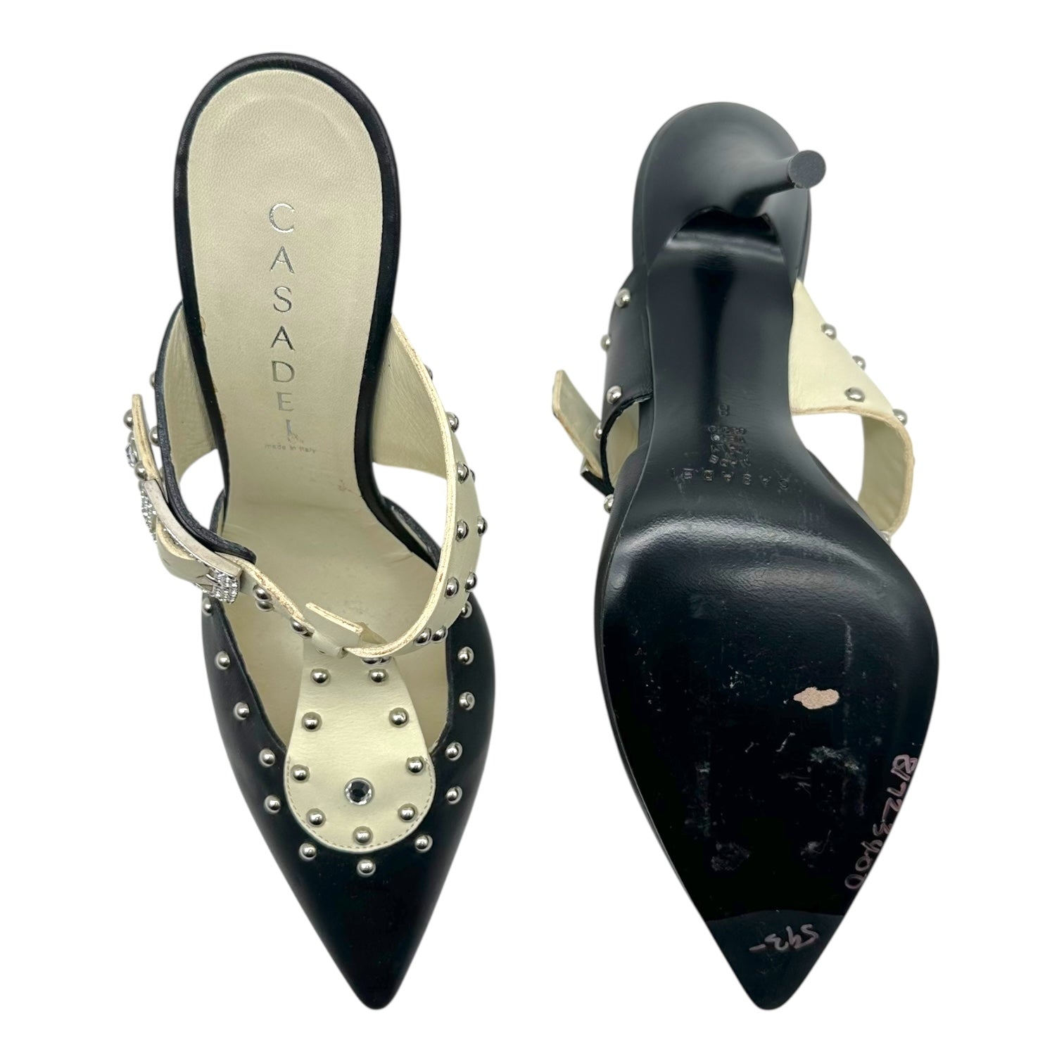 Casadei Studded Black & White Mule Heels - Outfit Repeater