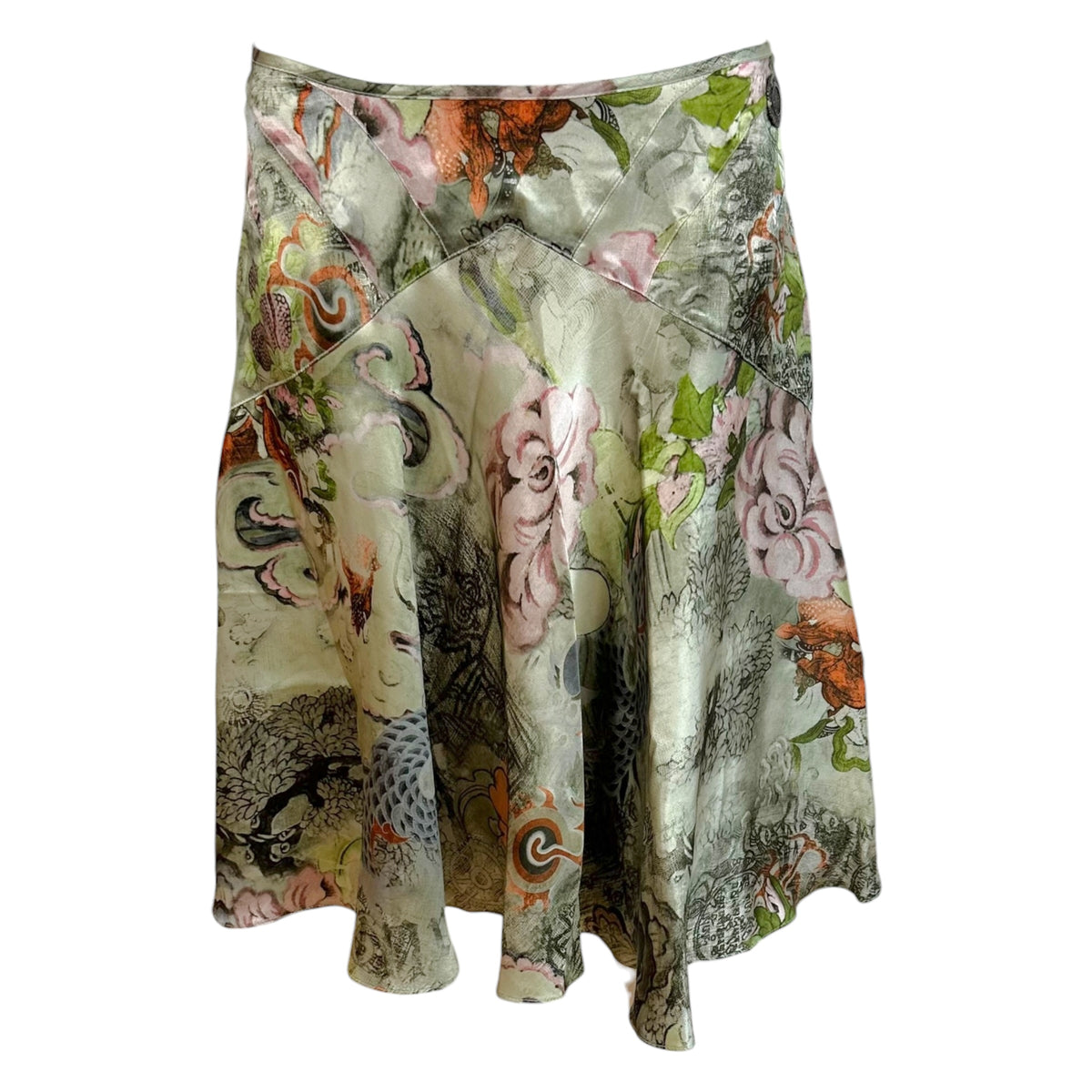 Galliano Silk Midi Skirt Light Green Floral Print