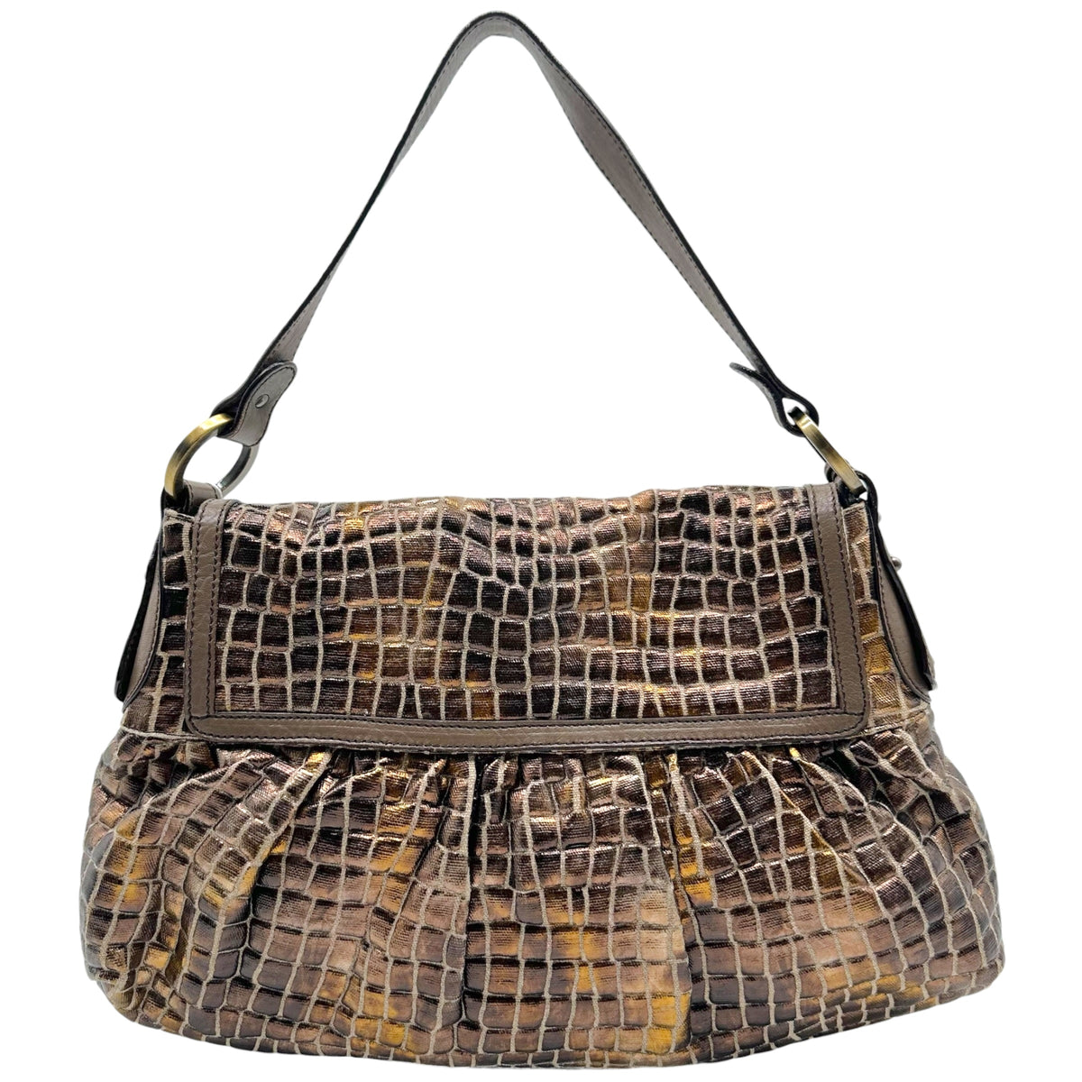 Fendi Brown Metallic 'Croc' Canvas Embossed Medium Chef Bag