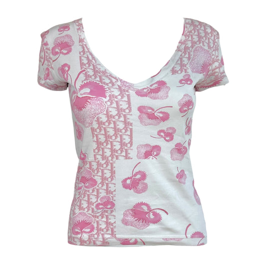 Christian Dior V-Neck T-Shirt Pink White Floral Monogram