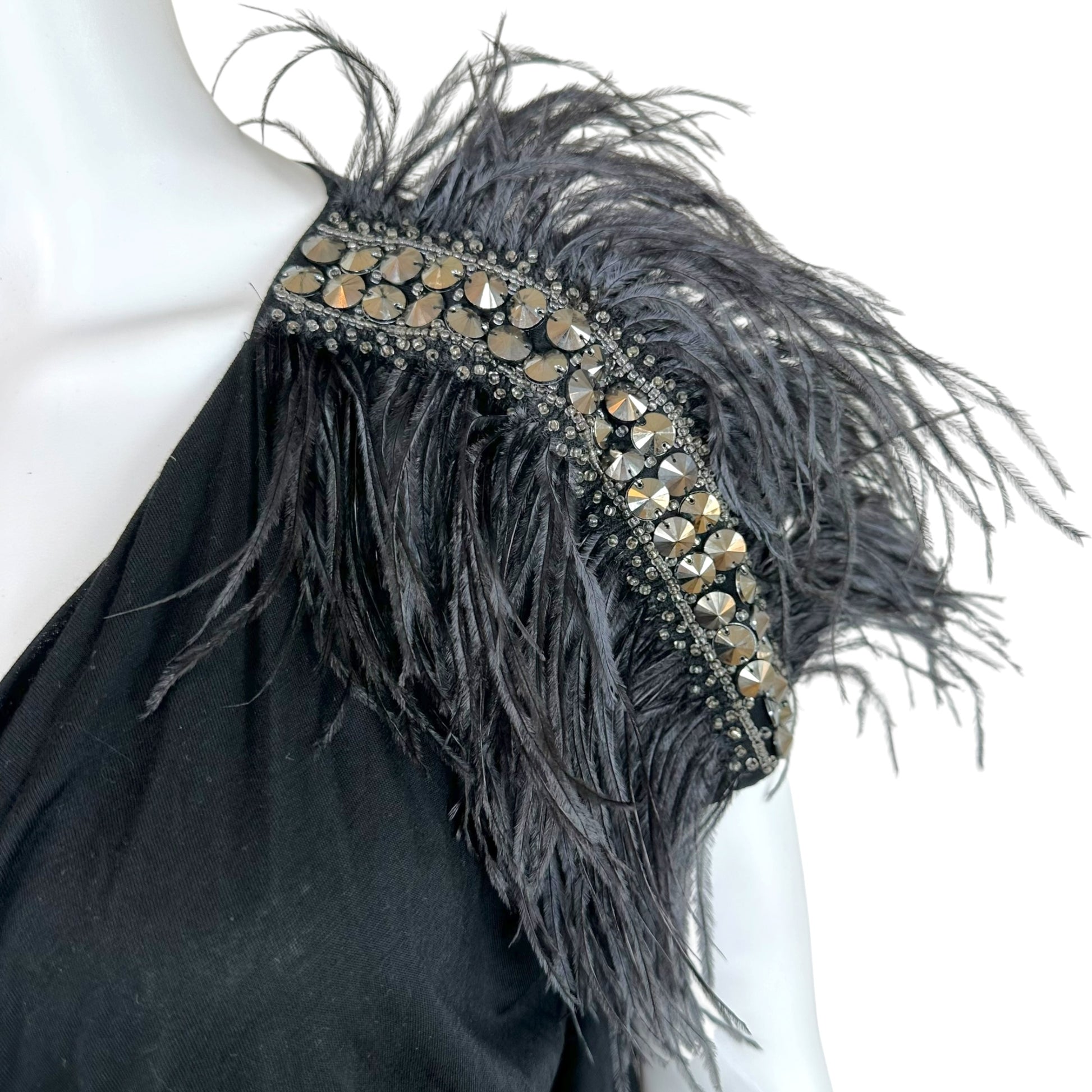 Emilio Pucci Black Cowl Neck Blouse Feather Trim