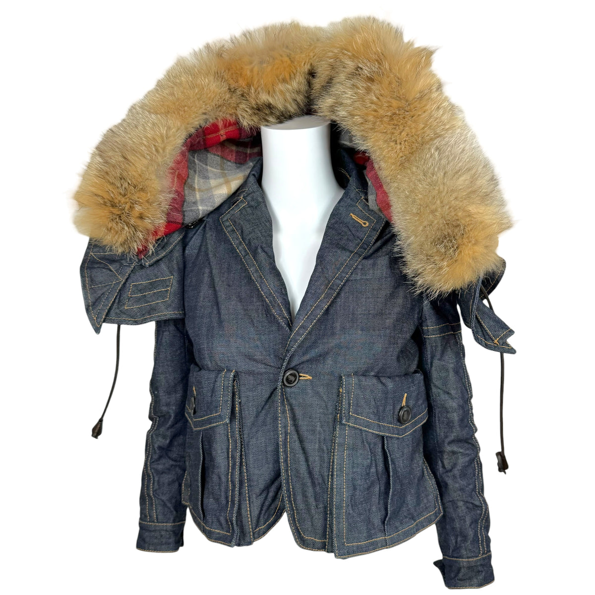 Dsquared2 Dark Wash Denim 3/4 Sleeve Fox Fur Trim Hood Jacket