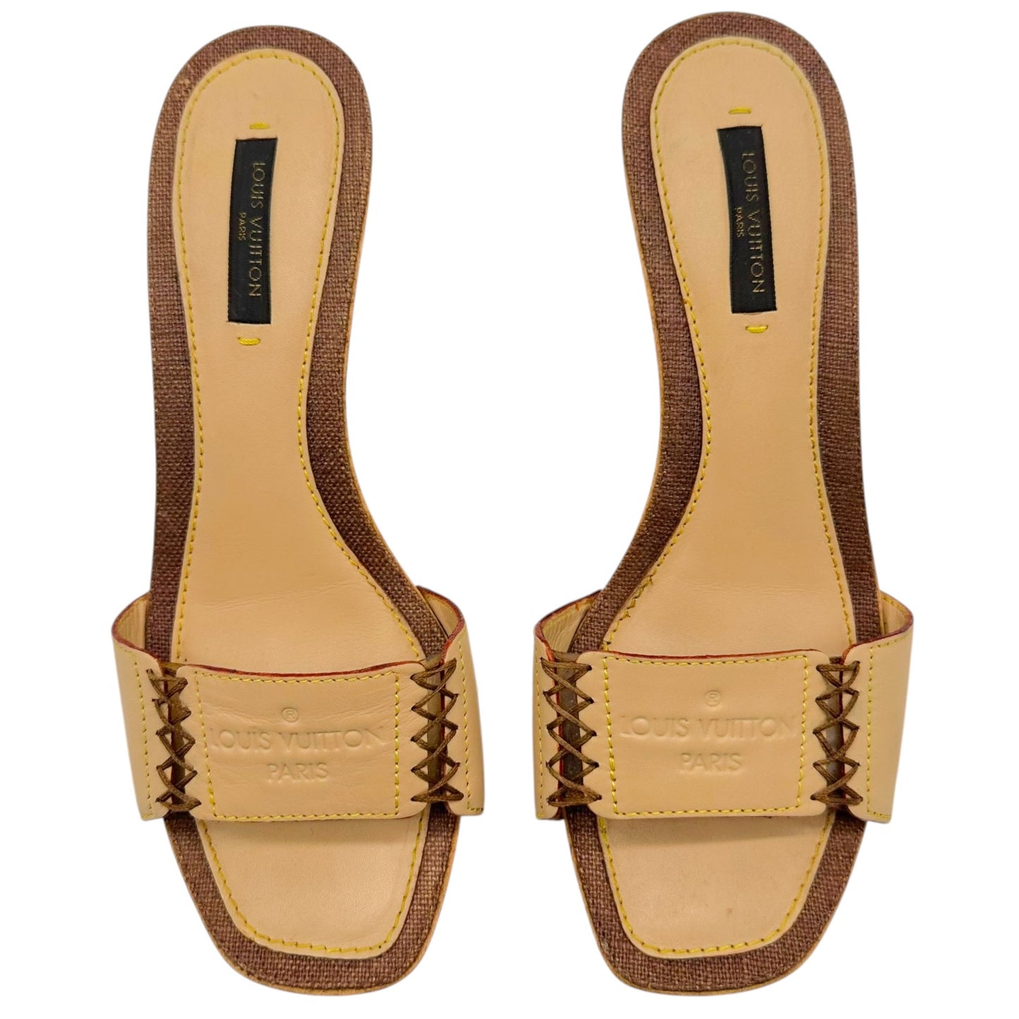 Louis Vuitton Beige Leather Whipstitch Kitten Heel Mules