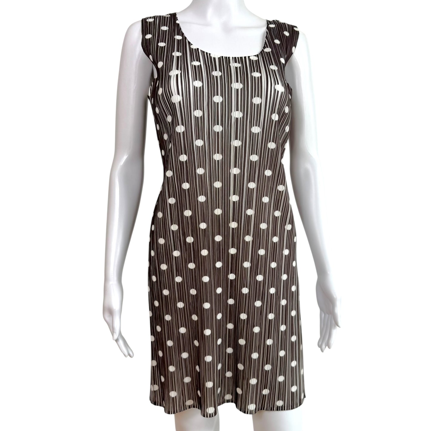 Issey Miyake Pleats Please Brown & White Polka Dot Print Pleated Mini Dress Sz 3