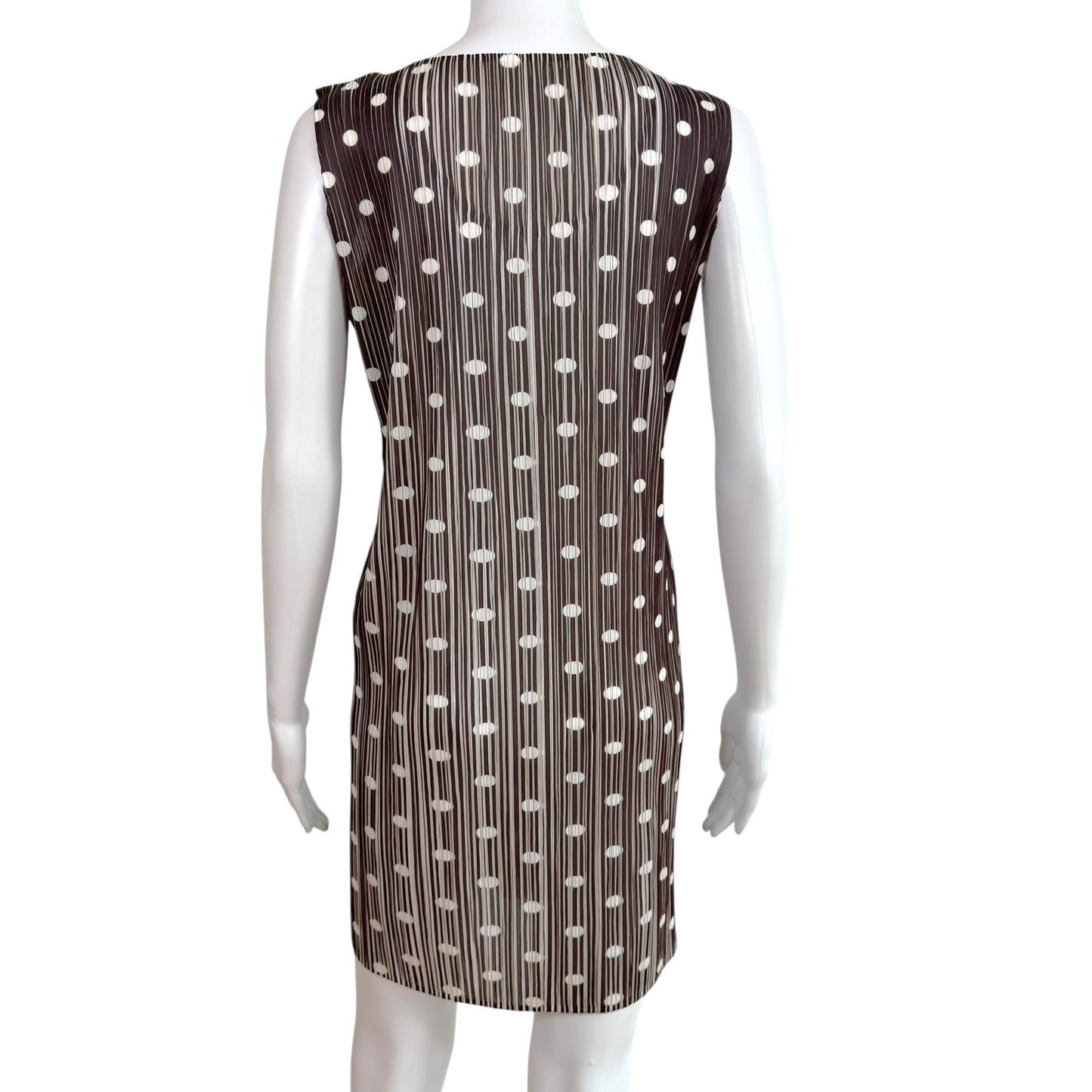 Issey Miyake Pleats Please Brown & White Polka Dot Print Pleated Mini Dress Sz 3