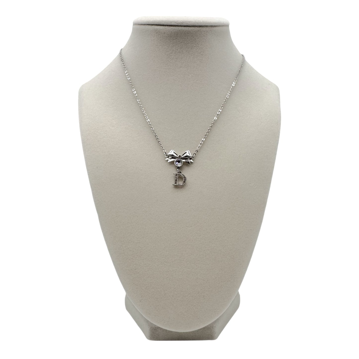 Christian Dior Silver Crystal Bow Charm Necklace