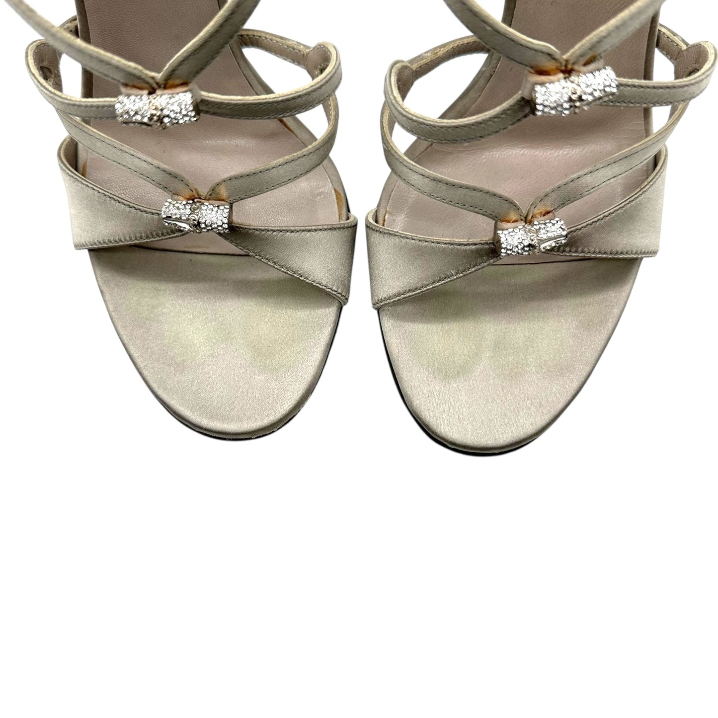 Gucci Silver Satin & Crystal Bamboo Strappy Heels