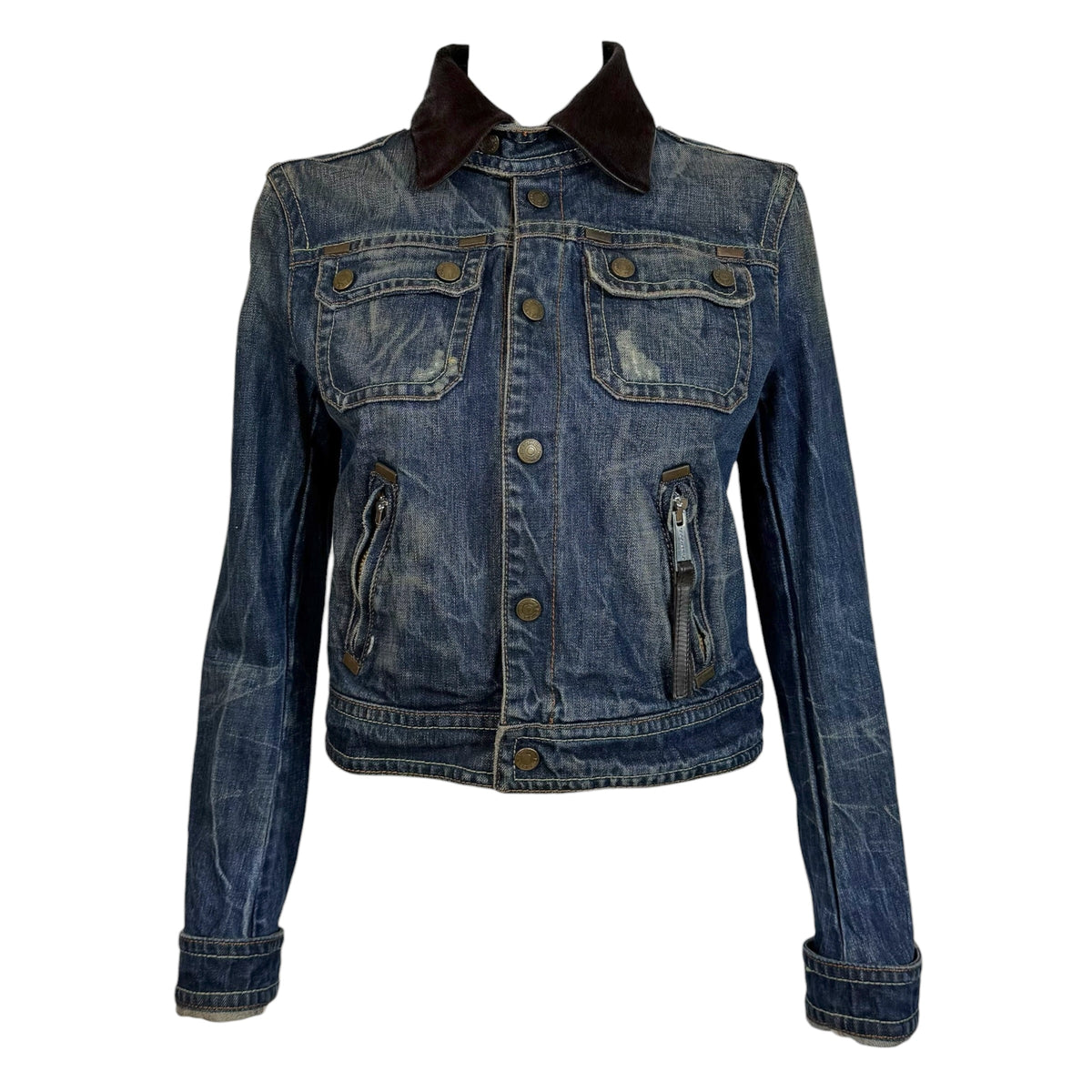 Dsquared2 Distressed Denim & Brown Ponyhair Collar Cropped Jacket