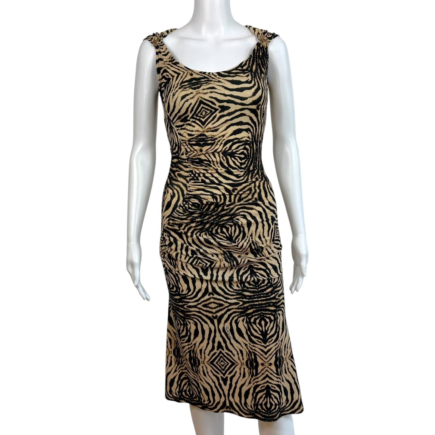 Roberto Cavalli 2006 Tan & Black Zebra Print Midi Dress