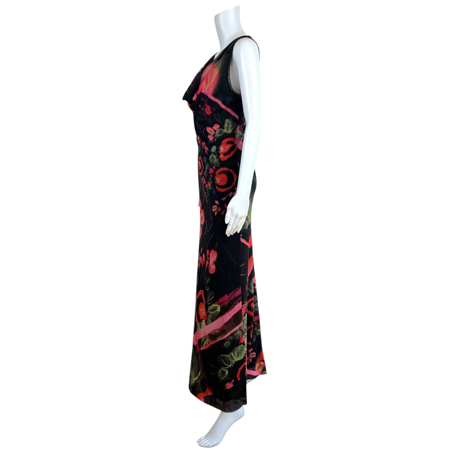 Jean Paul Gaultier Soleil Black & Red Floral Print Cowl Neck Mesh Maxi Dress