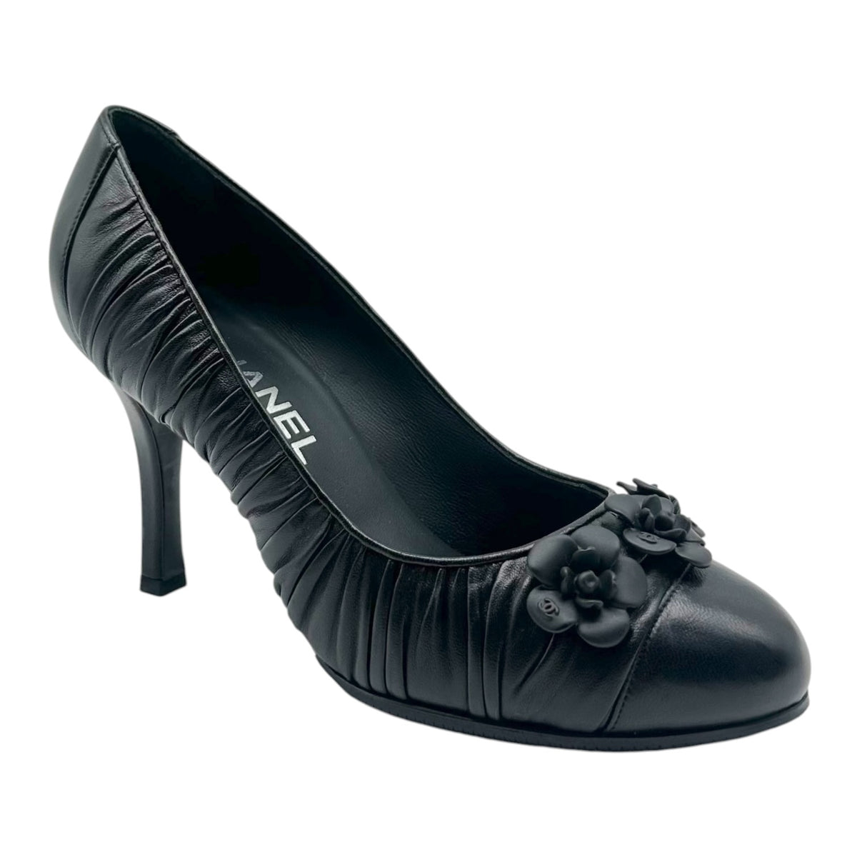 Chanel Black Ruched Leather Camellia Flower Pumps