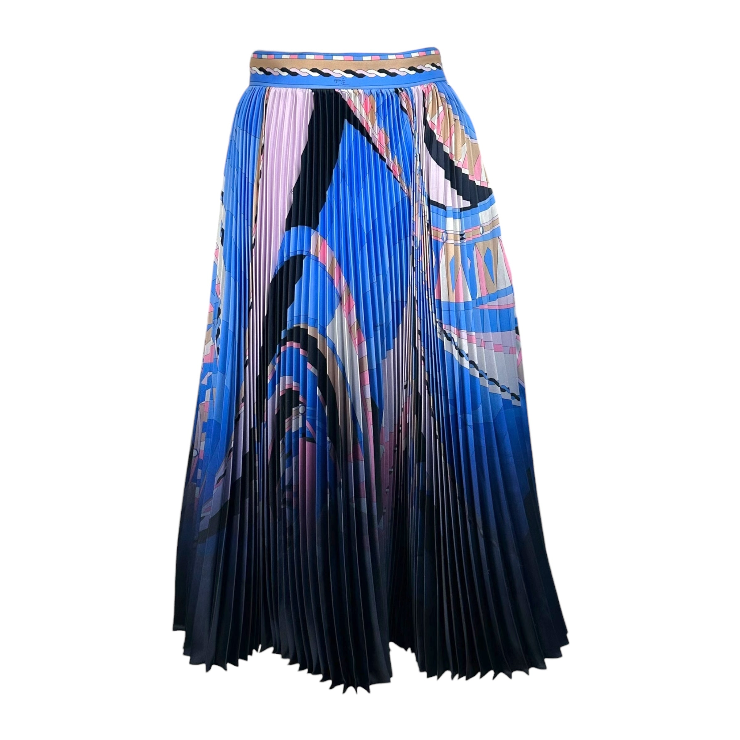 Emilio Pucci Silk Maxi Skirt Blue Patterned Ombre Pleated – Outfit