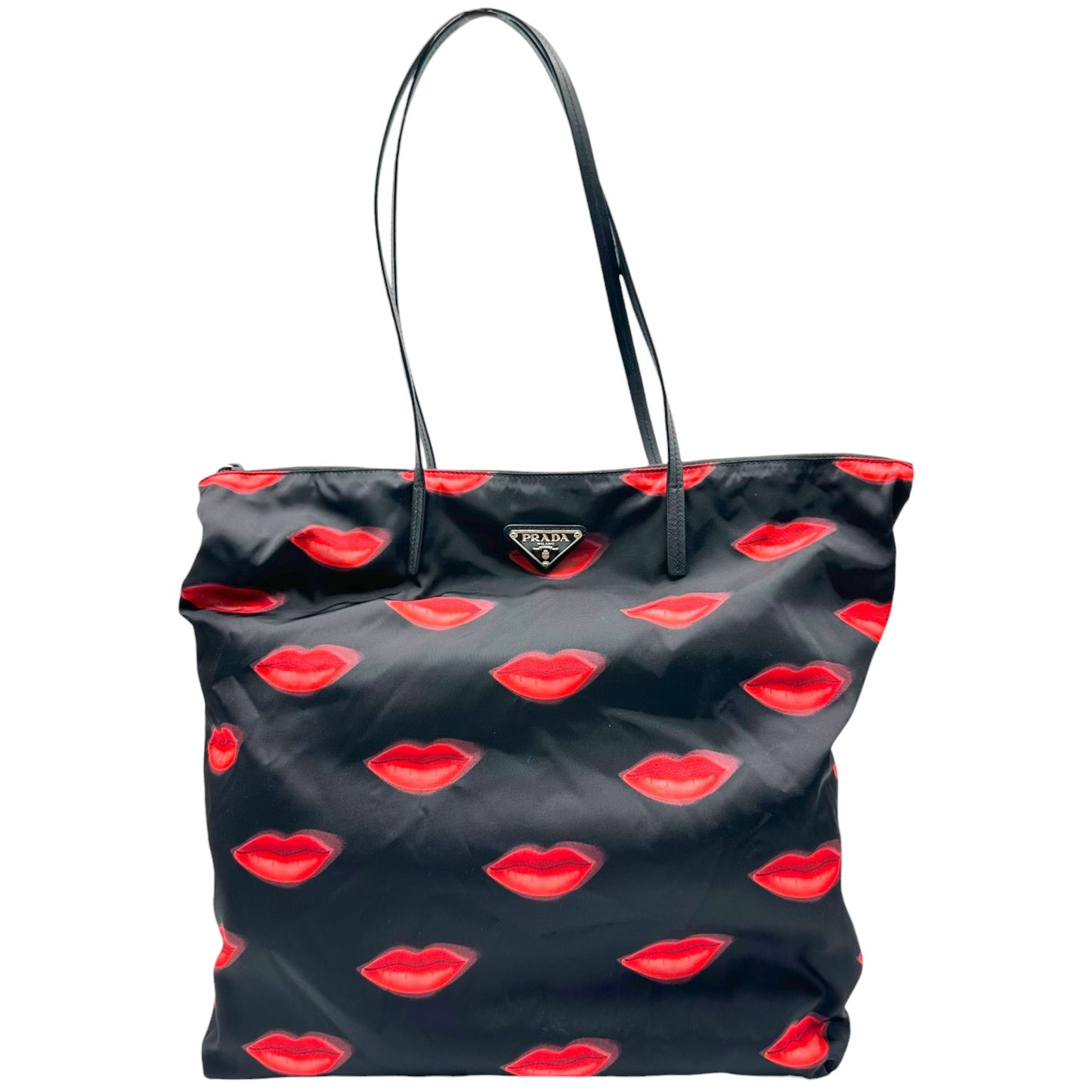Prada Black Red Lip Print Nylon Tote Bag