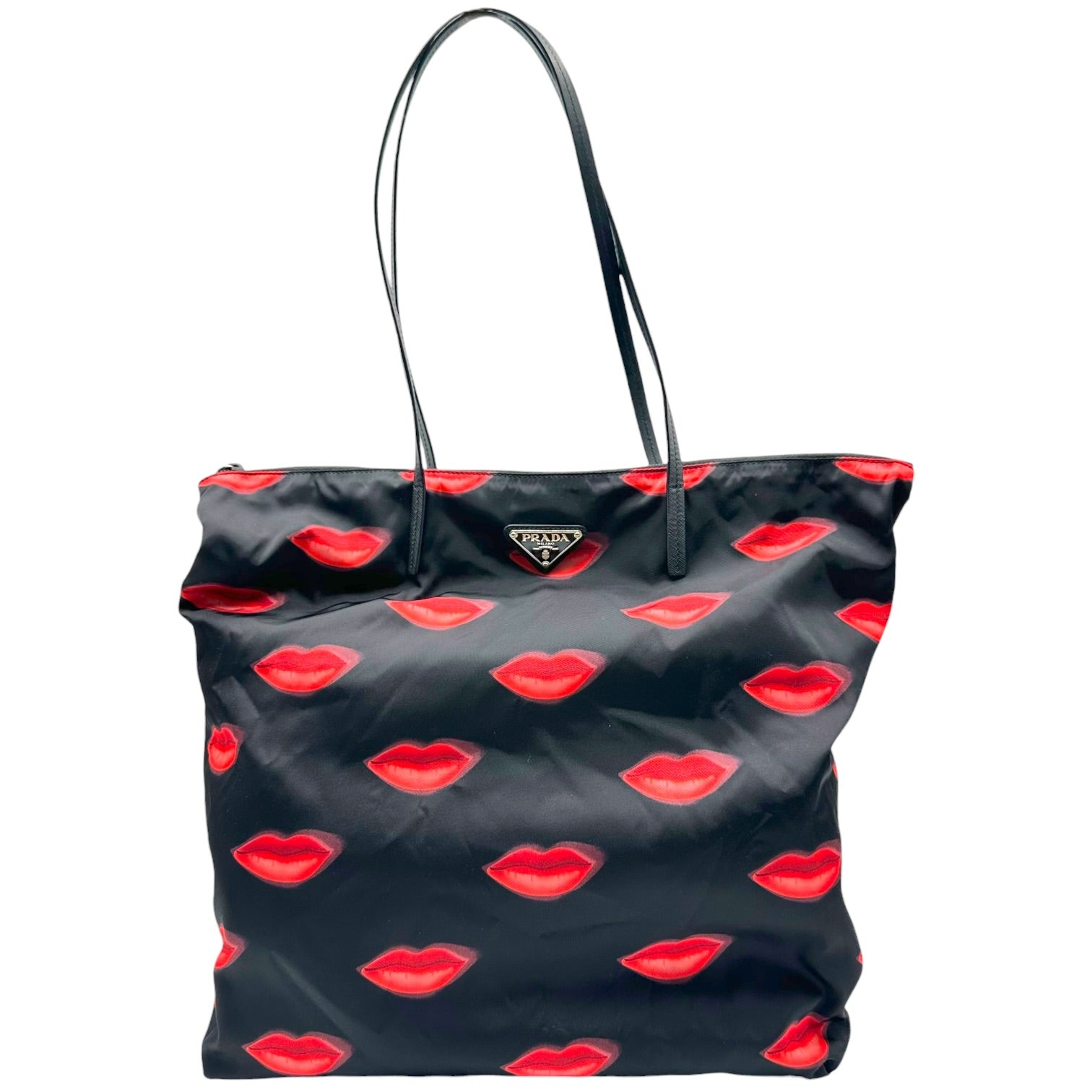 Prada Black Red Lip Print Nylon Tote Bag