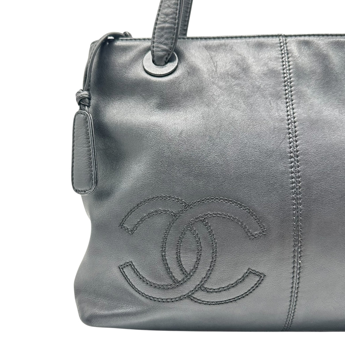 Chanel Black Leather Tote Shoulder Bag CC Logo 1990s