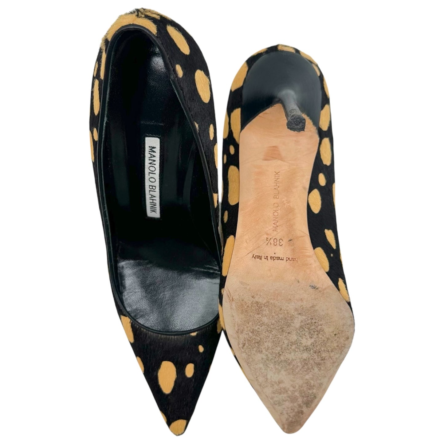 Manolo Blahnik Brown & Yellow Spotted Ponyhair Pointed Toe Pumps