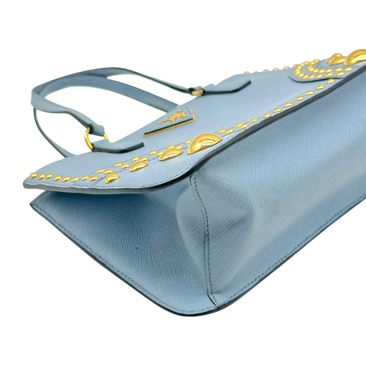 Prada Light Blue & Gold Studded Saffiano 2-Way Mini Tote Bag