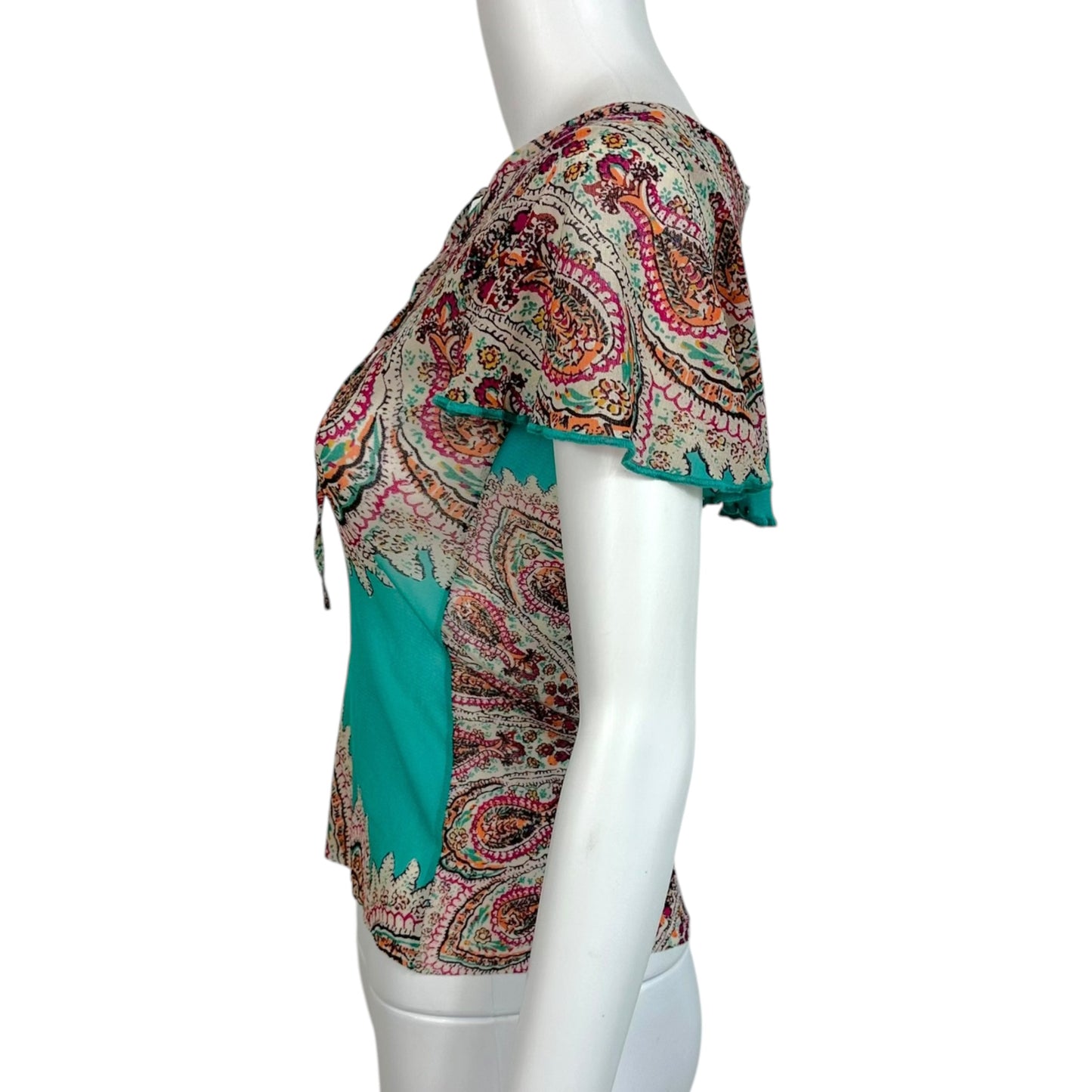 Jean Paul Gaultier Turquoise & Multicolor Paisley Mesh Ruffle Neckline Blouse