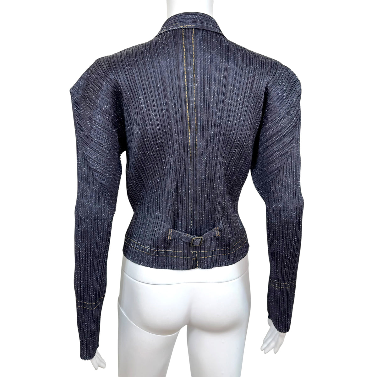 Issey Miyake Pleats Please Dark Wash Denim Printed Pleated Crop Zip-Up Top Sz 4