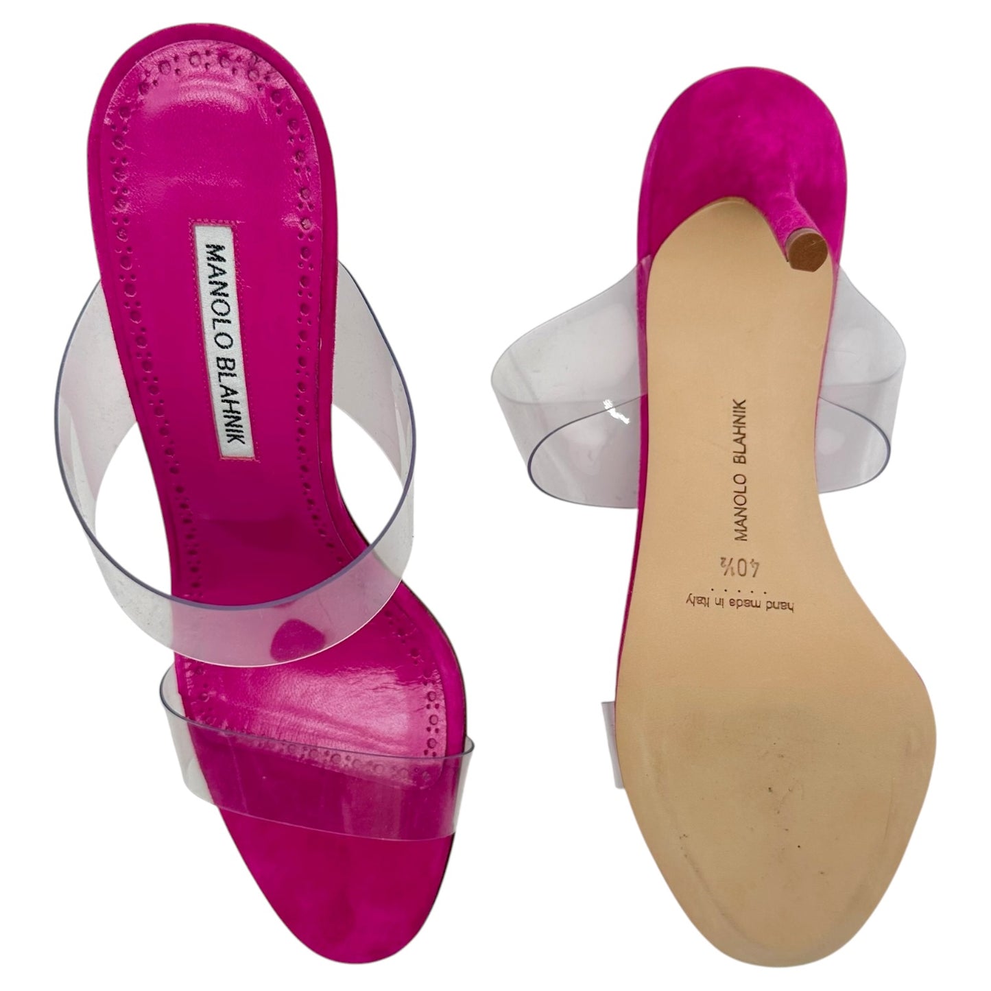 Manolo Blahnik Hot Pink Suede & Clear PVC Sandal Heels