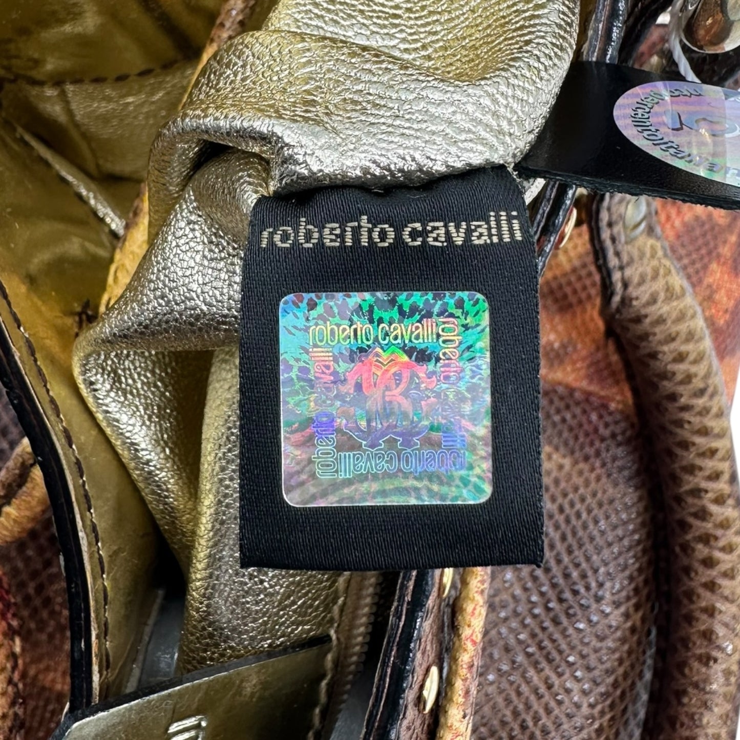 Roberto Cavalli Orange & Brown Lizard Skin Studded Bucket Bag