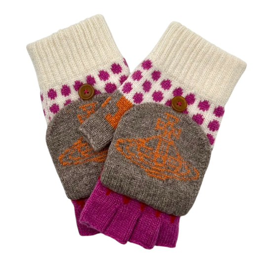 Vivienne Westwood White Pink & Gray Wool Logo Knit Mittens NEW