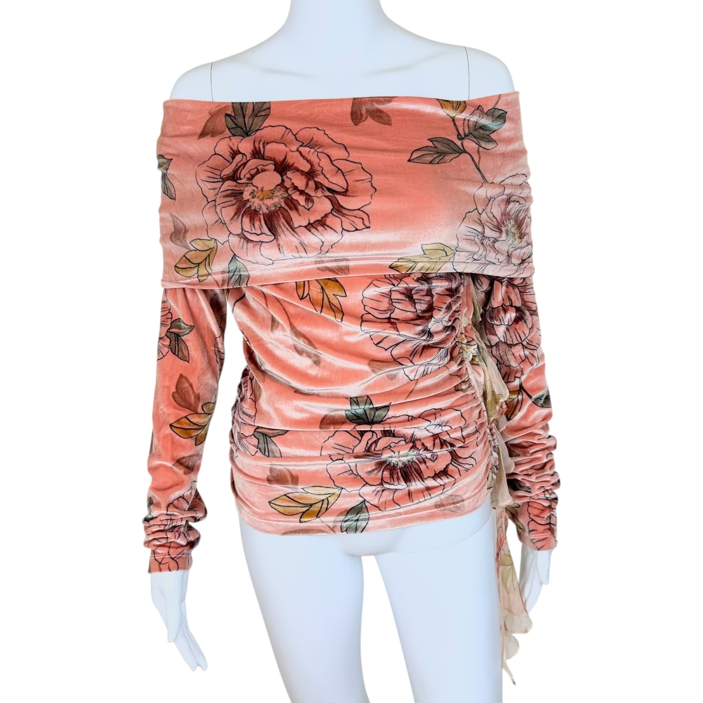 D&G Dolce & Gabbana Pink Floral Print Velvet Off the Shoulder Top