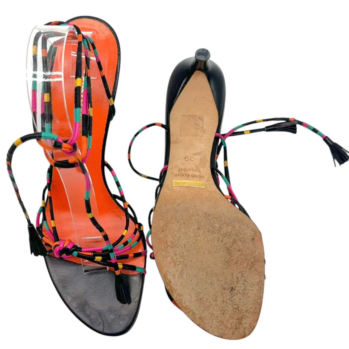 Dolce & Gabbana Black Multicolor Striped Wrap Sandal Heels