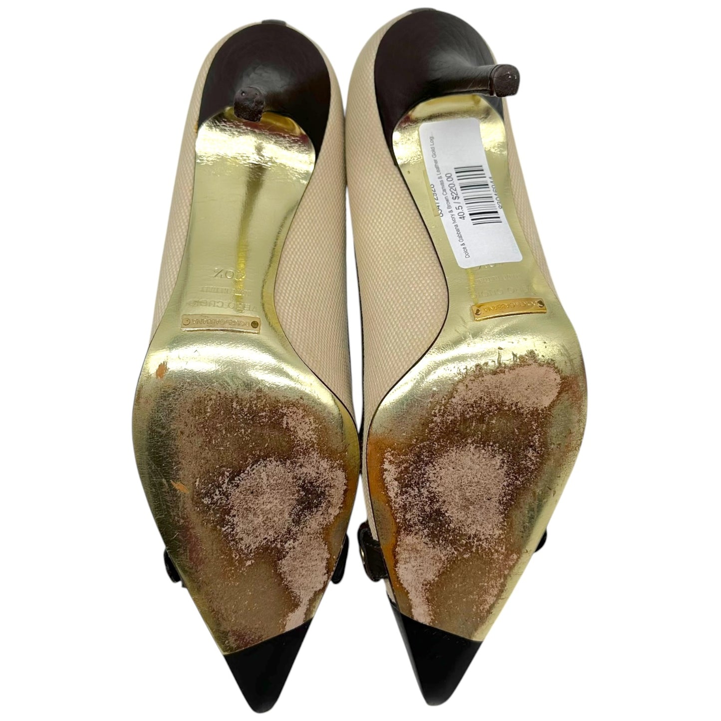 Dolce & Gabbana Ivory & Brown Canvas & Leather Gold Logo Charm Heels