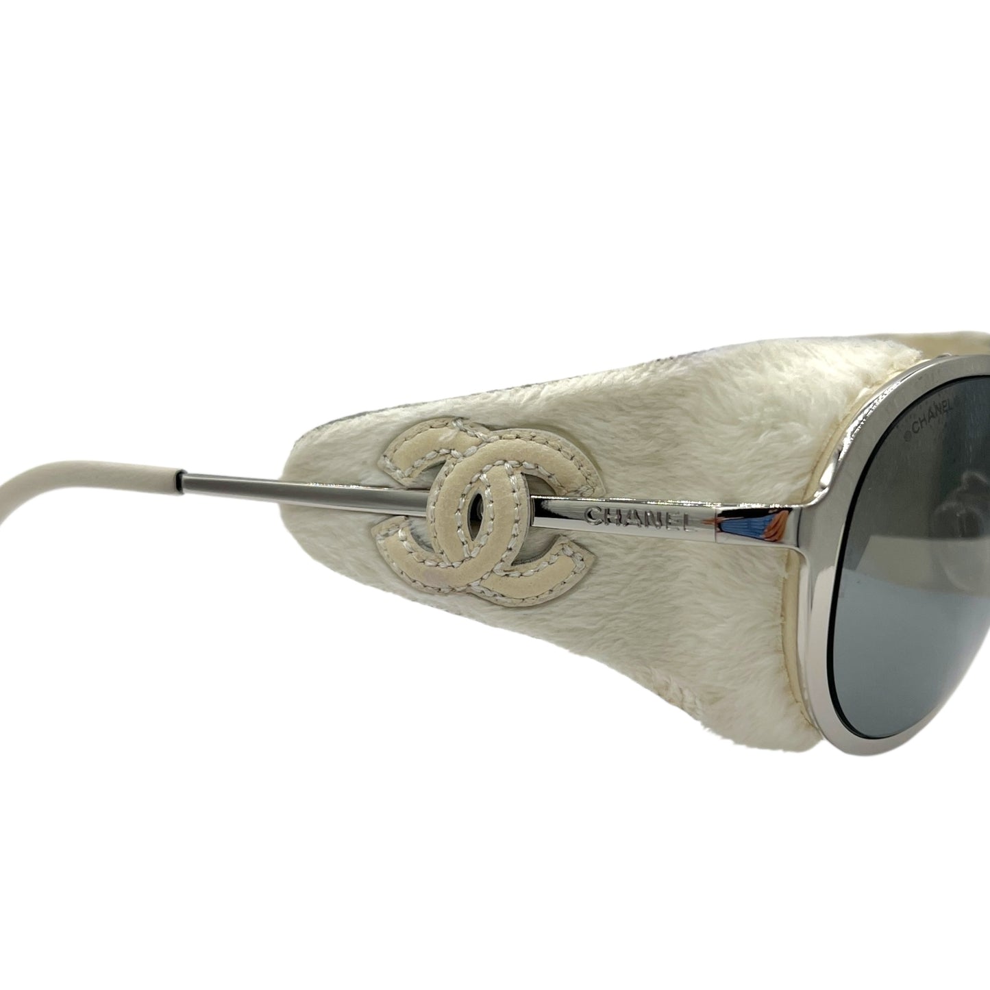 Chanel Silver & White Lambskin Detachable Side Aviator Sunglasses 50852A w/ Case RARE