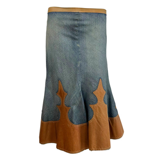 Dsquared2 Denim Tan Leather Patchwork Western Midi Skirt