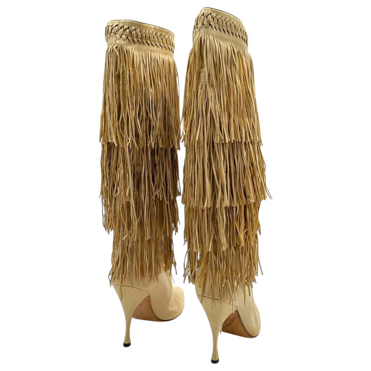 Brian Atwood Beige Leather Fringe Trim Heeled Boots