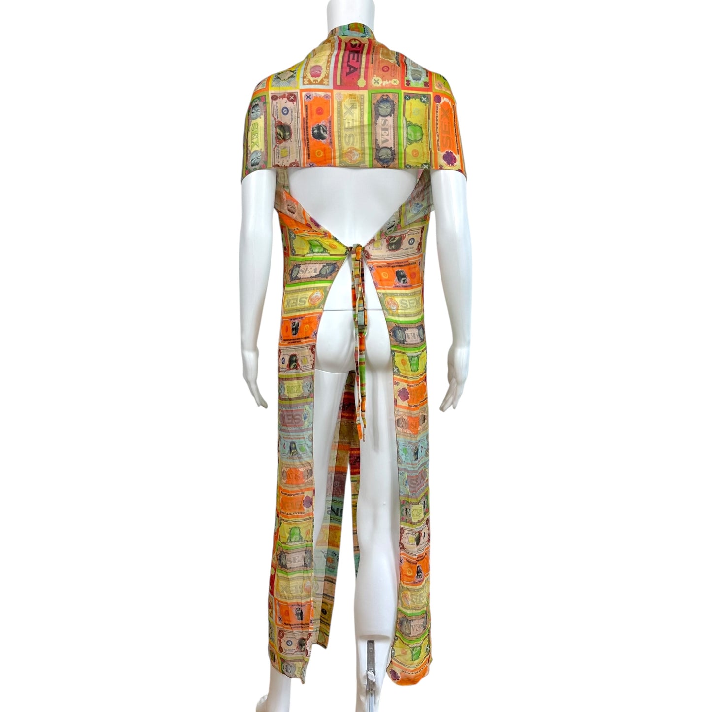Jean Paul Gaultier Soleil Multicolor Money Print Backless Sheer Maxi Halter Top